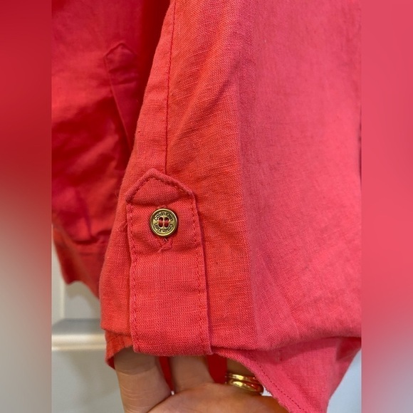 Women's Linen Cotton Blend Pink Button Up Blouse Classic Roll Tab Sleeve Size M - Picture 7 of 10
